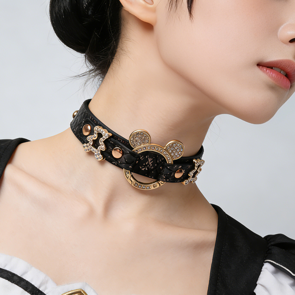WILDCHOK PU Leather Choker | Sparkling Rhinestone Mouse‑Ear Frame with Gold‑Tone Hardware