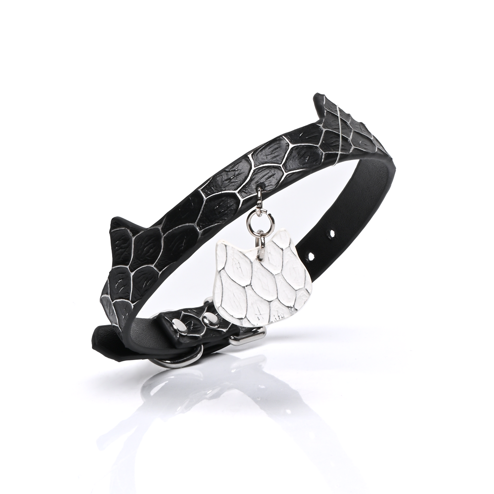 Cat Ear Snake Print Genuine Cowhide Choker, Adjustable Cat Pendant Collar
