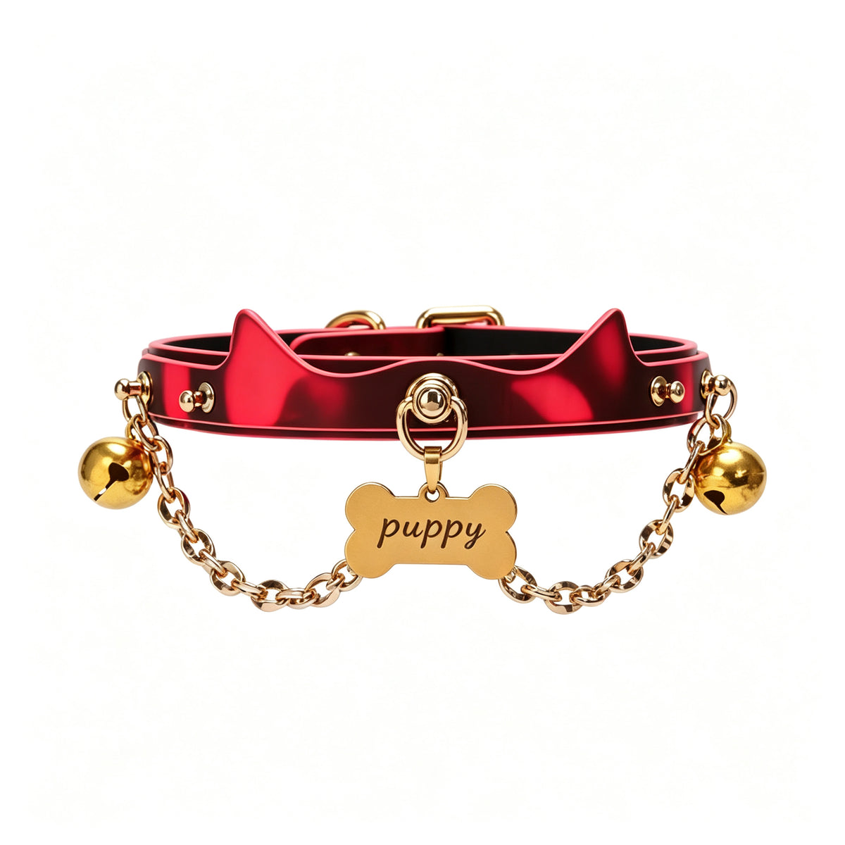 WILDCHOK Red Cat‑Ear PU Choker | Bone‑Shaped Engravable Charm with Dual Bells