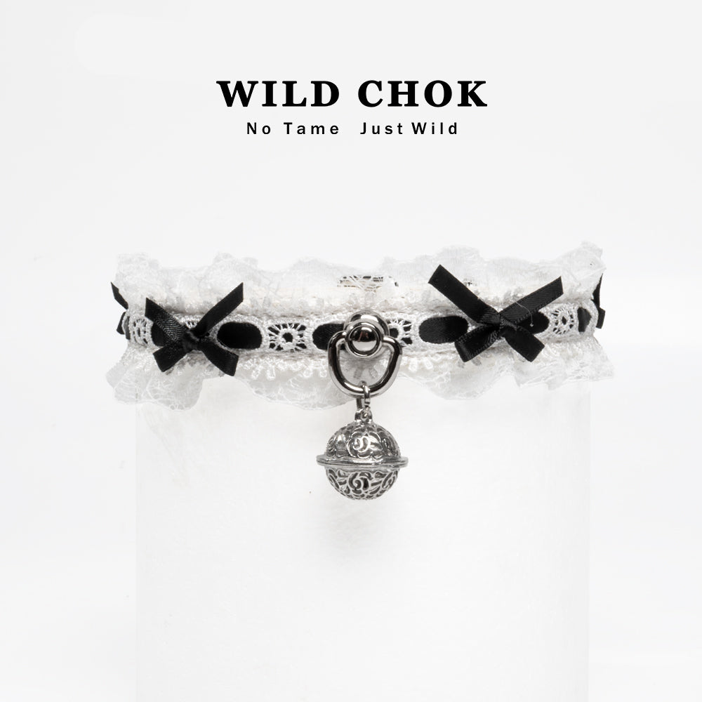WILD CHOK Lace Choker - Black Red Two-Tone Bow Bell Pendant Edgy Daily Party Accessory