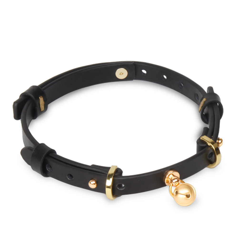 WILDCHOK Black Genuine Cowhide Choker, Adjustable Leather Necklace with Gold Bell Charm