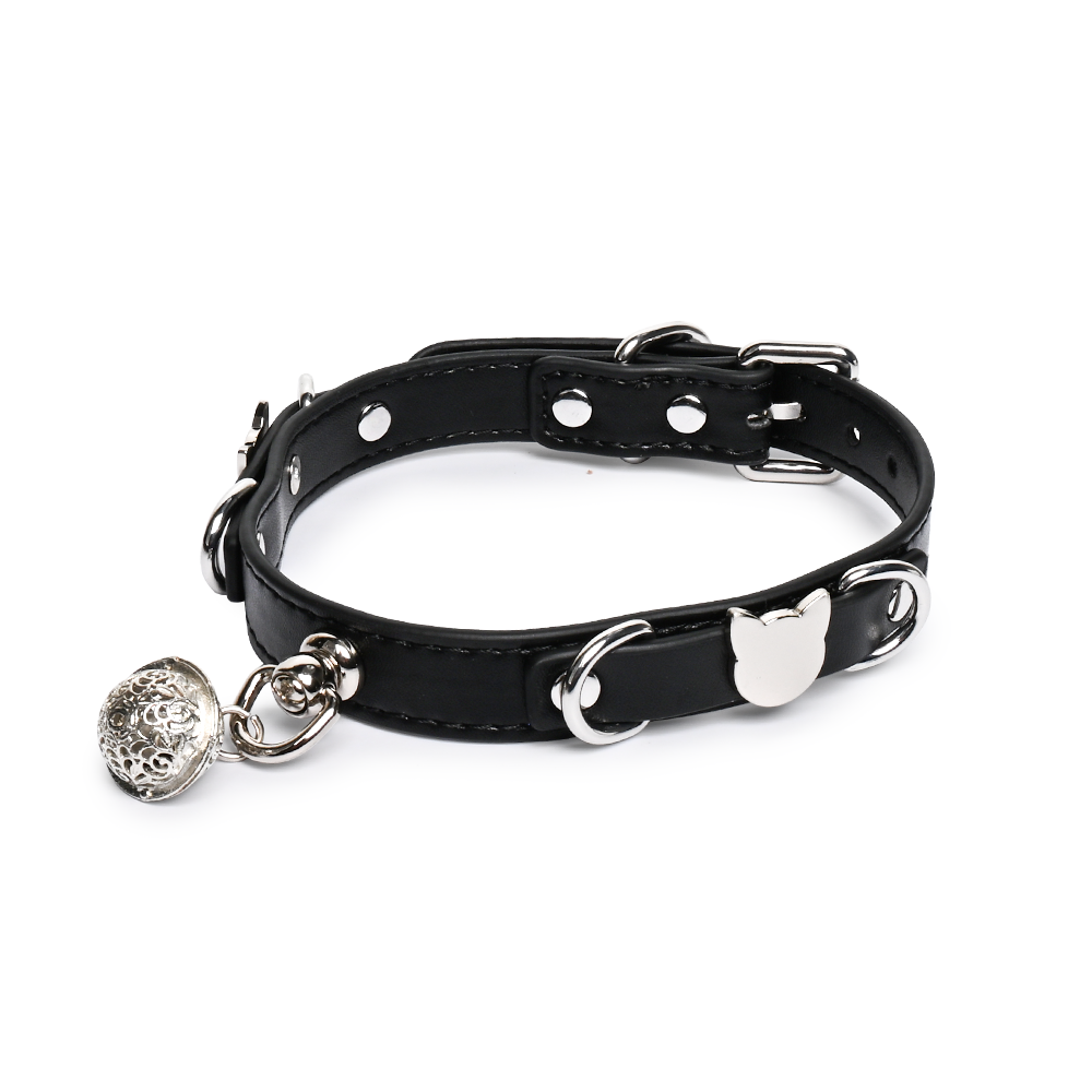 WILDCHOK Genuine Cowhide Leather Choker | Cat‑Face Charm with Hollow Vintage Bell Pendant
