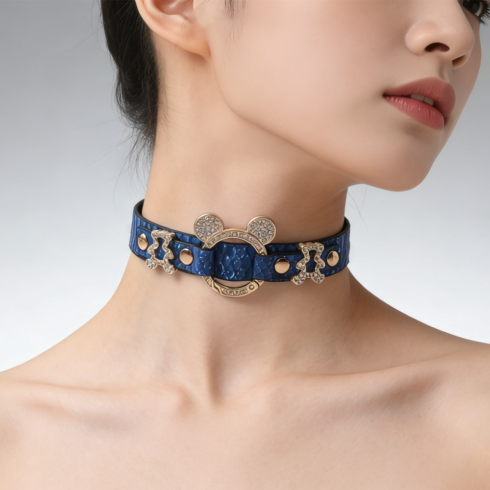 WILDCHOK PU Leather Choker | Sparkling Rhinestone Mouse‑Ear Frame with Gold‑Tone Hardware