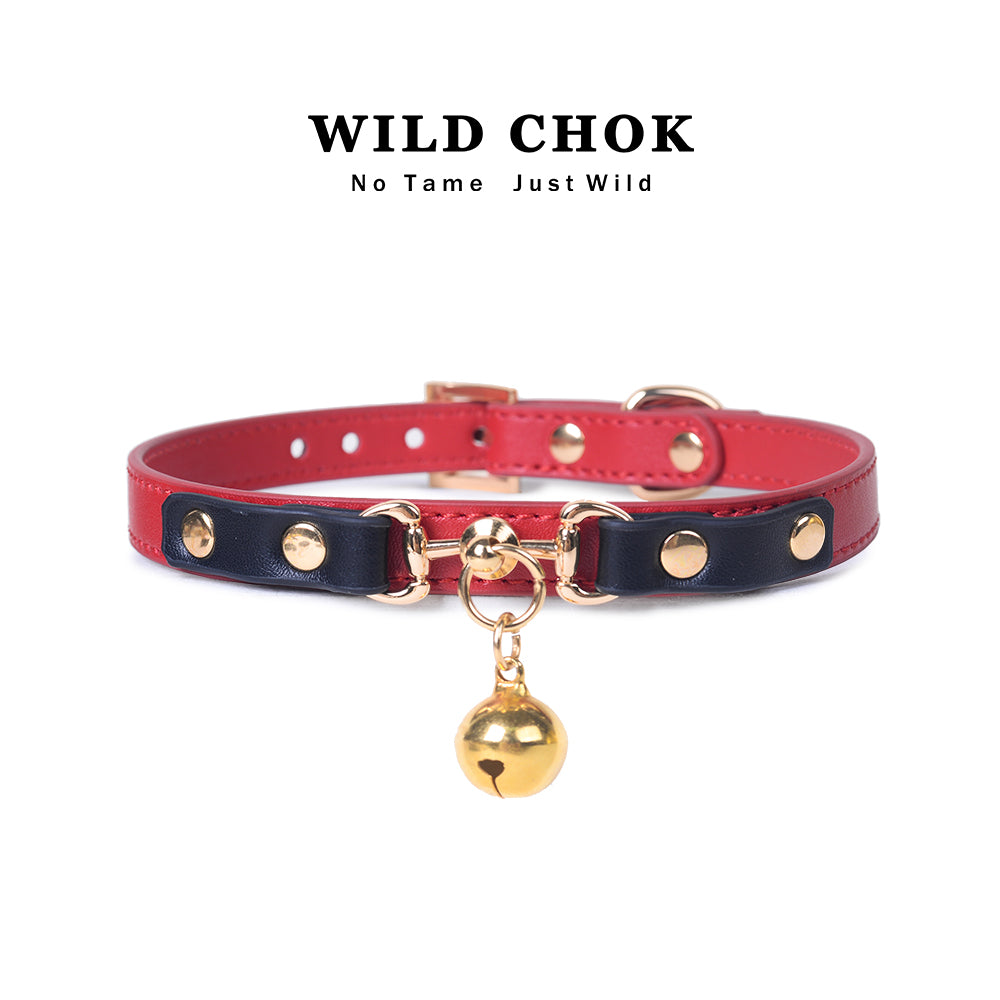 WILD CHOK Choker - Red Blac Gold Rivet Bell Pendant Edgy Daily Party Fashion Accessory