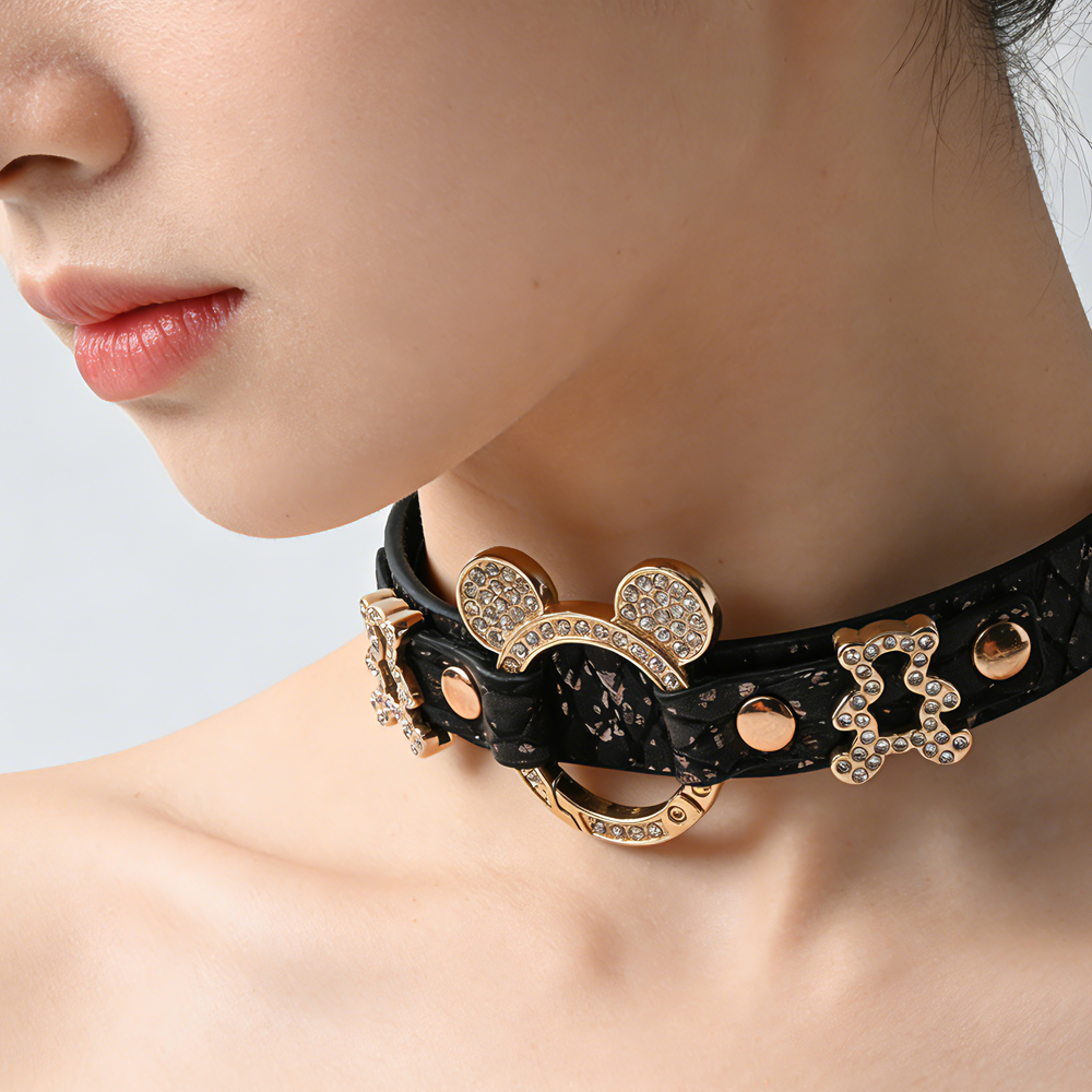 WILDCHOK PU Leather Choker | Sparkling Rhinestone Mouse‑Ear Frame with Gold‑Tone Hardware