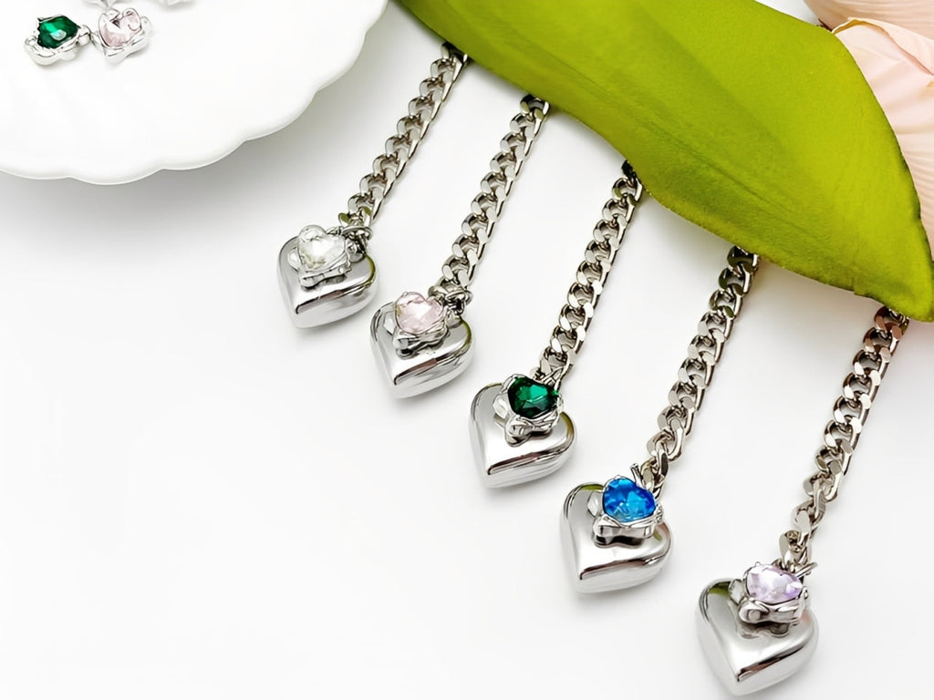 WILDCHOK - Heart Crystal Charm Slip Chain Choker