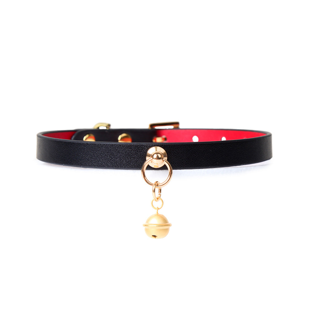 WILDCHOK Red Genuine Cowhide Leather Choker | Contrast Inner Lining with Gold Bell Pendant
