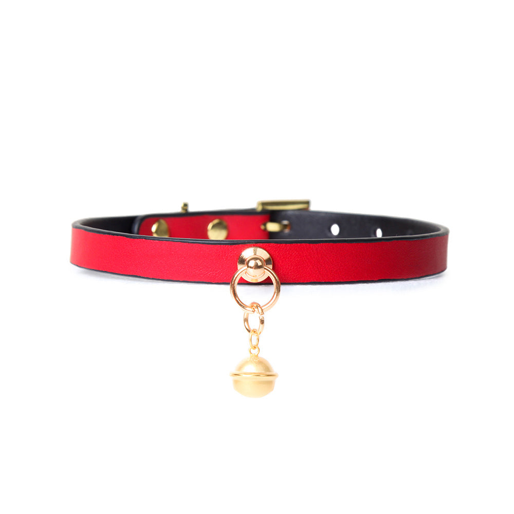 WILDCHOK Red Genuine Cowhide Leather Choker | Contrast Inner Lining with Gold Bell Pendant