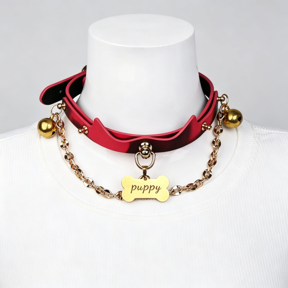 WILDCHOK Red Cat‑Ear PU Choker | Bone‑Shaped Engravable Charm with Dual Bells