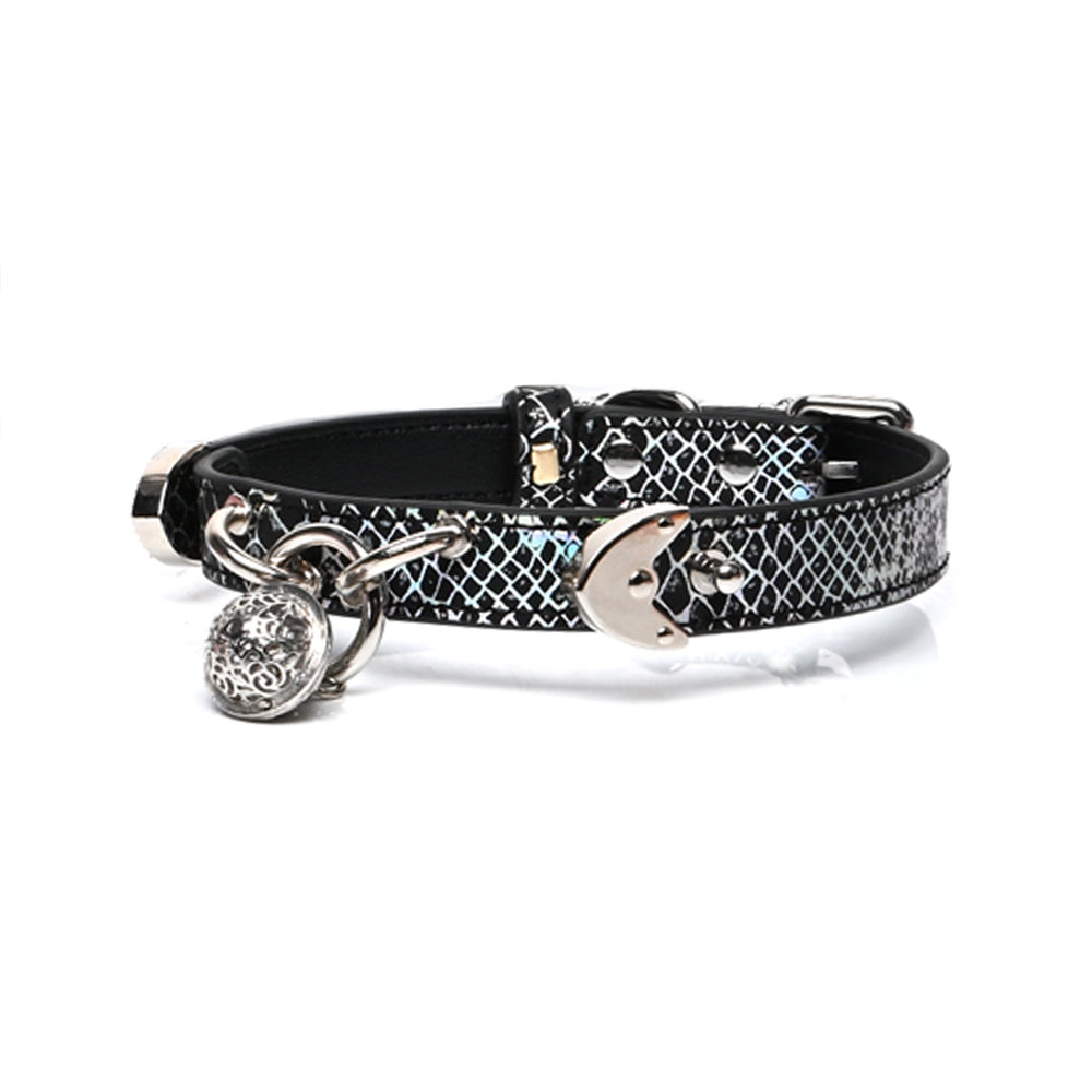 WILDCHOK Snake-Print Leather Choker, O-Ring Collar with Bell